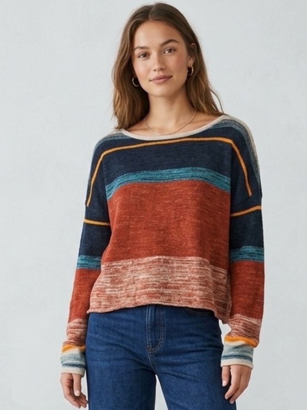 Anthropology Moth Striped Colorblock Crewneck Sweater in Rust, Navy & Teal
